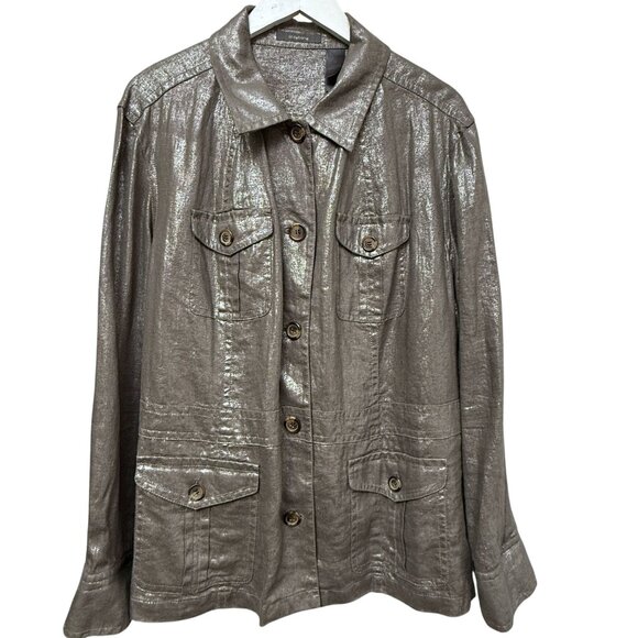 Liz Claiborne Safari Jacket Plus Size 2X 100% Linen Shimmer Brown Utility - Picture 1 of 10